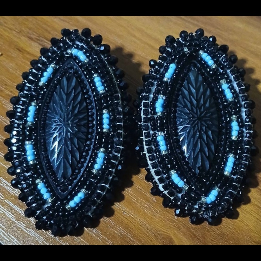Black and Blue Beaded Earrings with Intricate Design